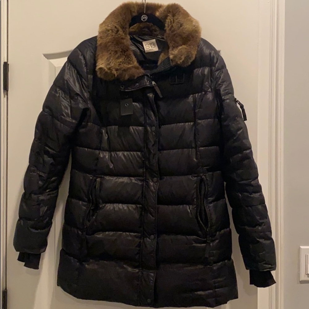 S13 Chelsea Faux-Fur Trim Hooded Puffer Coat Black size large